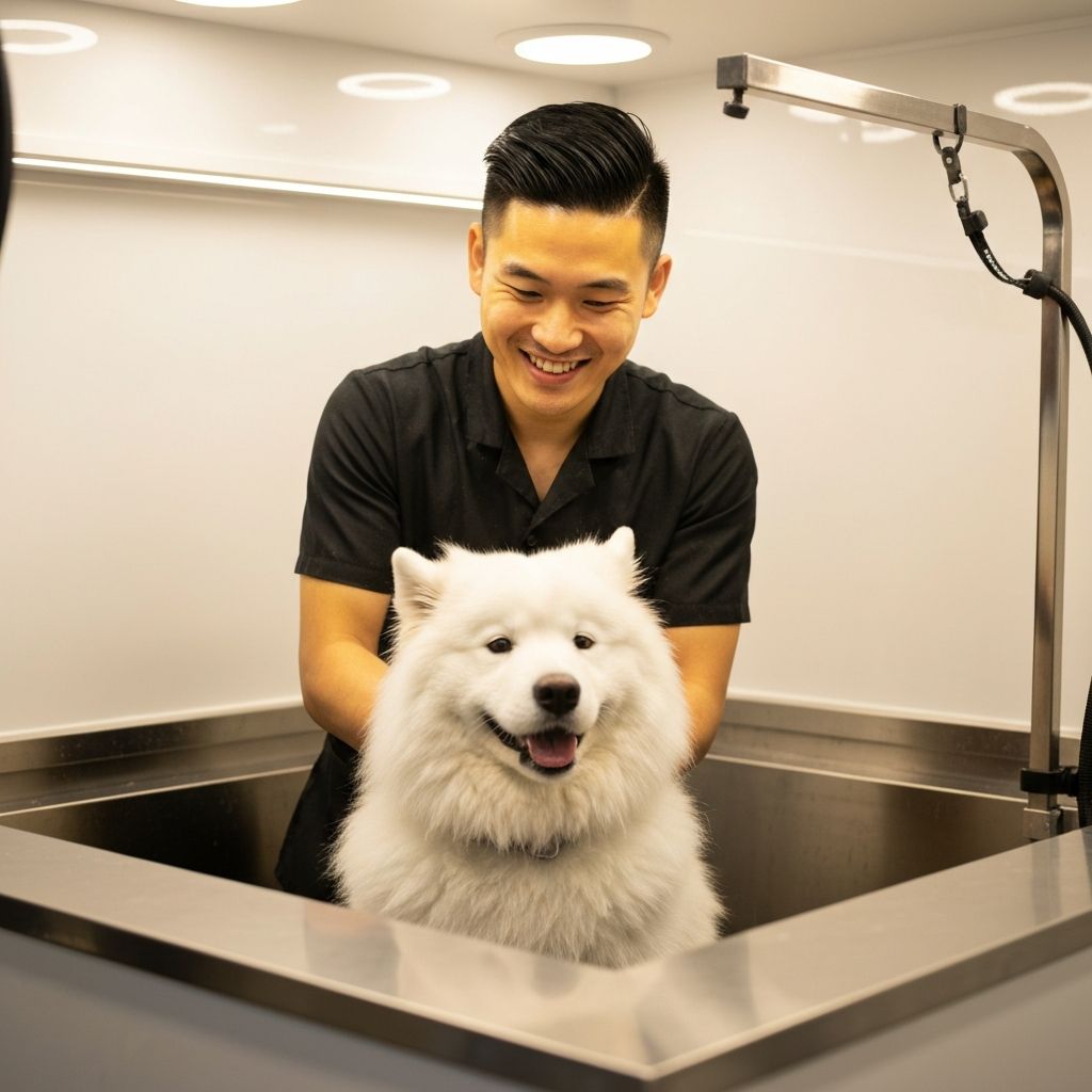 Professional groomer caring for a dog
